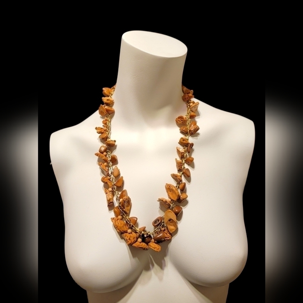 RARE Vintage FREIRICH Gold Tone Nut Shell Beaded Statement Necklace